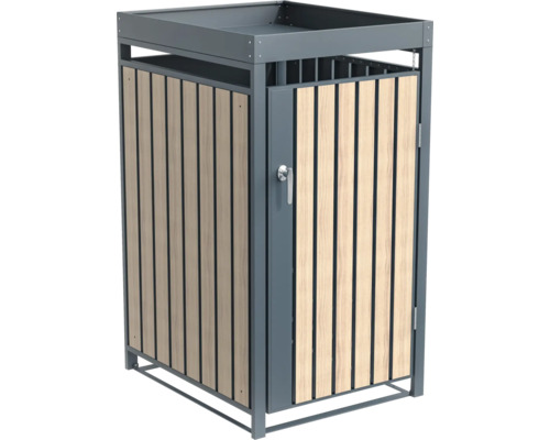 Mülltonnenbox aus Metall und Holz mit Tür