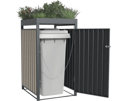 Mülltonnenbox mit Bepflanzung auf dem Dach und geöffneter Tür