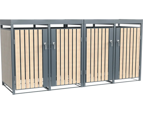 Trois abris poubelle en métal et lattes de bois