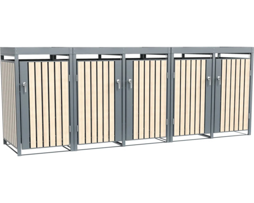 Cache-conteneurs à ordures à trois compartiments en métal et lattes de bois