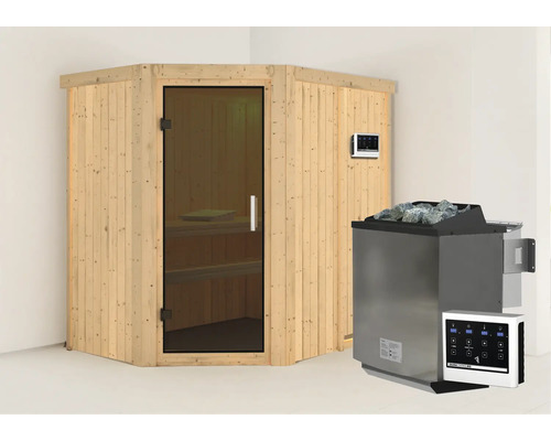 Sauna modulaire Karibu Carina avec poêle bio 9 kW et commande externe sans couronne avec portes entièrement vitrées coloris graphite