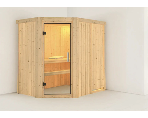 Sauna modulaire Karibu Carina sans poêle sans couronne avec portes entièrement vitrées transparentes