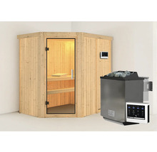 Sauna en bois avec porte en verre, poêle de sauna et commande