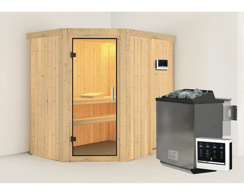 Sauna modulaire Karibu Carina avec poêle bio 9 kW et commande externe sans couronne avec portes entièrement vitrées transparentes