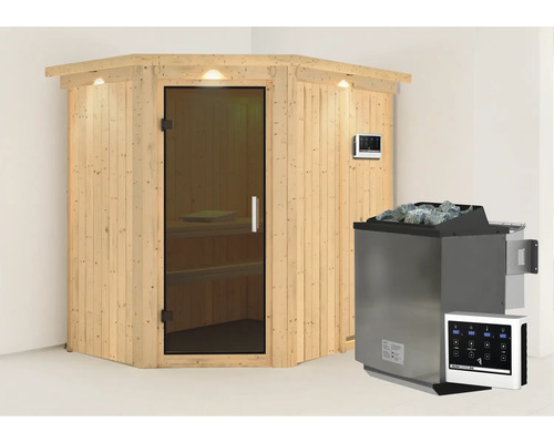 Sauna modulaire Karibu Carina avec poêle bio 9 kW et commande externe avec couronne et portes entièrement vitrées coloris graphite