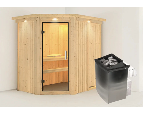 Sauna modulaire Karibu Carina avec poêle 9 kW et commande intégrée avec couronne et portes entièrement vitrées transparentes