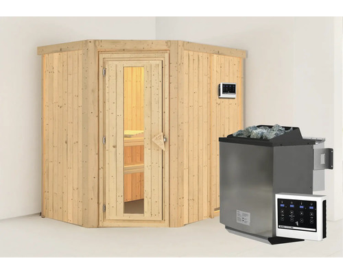 Sauna modulaire Karibu Carina avec poêle bio 9 kW et commande externe sans couronne avec portes en bois et verre isolé thermiquement