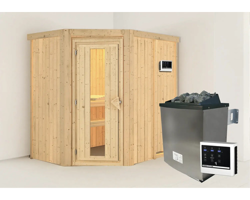 Sauna modulaire Karibu Carina avec poêle 9 kW et commande externe sans couronne porte en bois avec verre isolé thermiquement