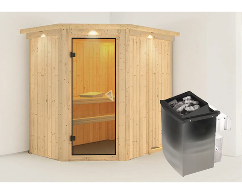 Sauna modulaire Karibu Carina avec poêle 9 kW et commande intégrée avec couronne et portes entièrement vitrées coloris bronze