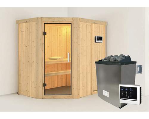 Sauna modulaire Karibu Carina avec poêle 9 kW et commande externe sans couronne avec portes entièrement vitrées transparentes