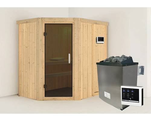 Sauna modulaire Karibu Carina avec poêle 9 kW et commande externe sans couronne avec portes entièrement vitrées coloris graphite