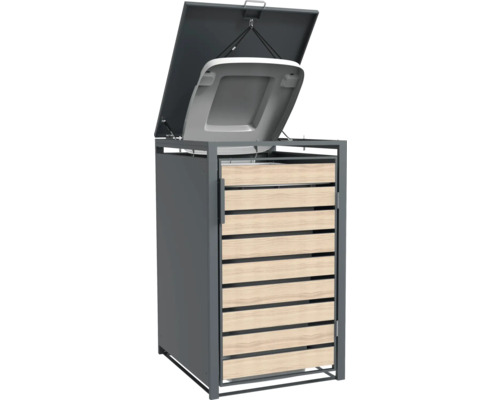 Mülltonnenbox mit geöffnetem Deckel und Holzverkleidung