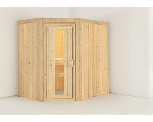 Sauna modulaire Karibu Carina sans poêle avec couronne et portes en bois avec verre isolé thermiquement