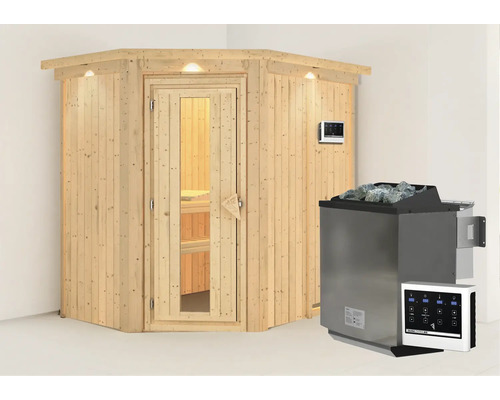 Sauna modulaire Karibu Carina avec poêle bio 9 kW et commande externe avec couronne et portes en bois avec verre isolé thermiquement