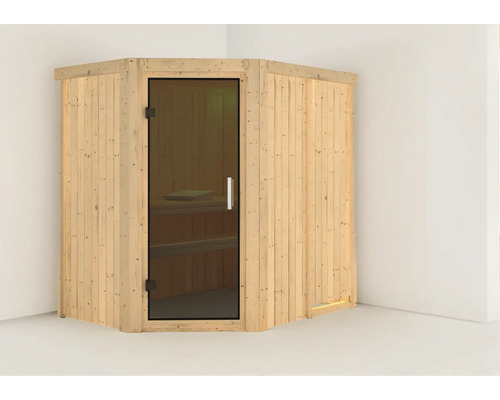 Sauna modulaire Karibu Carina sans poêle sans couronne avec portes entièrement vitrées coloris graphite