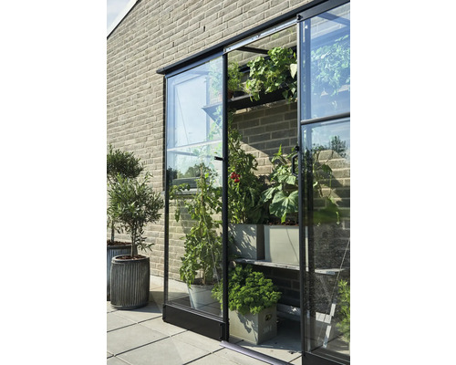 Gewächshaus mit Pflanzen auf Regalen und im Topf vor einer Ziegelwand