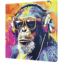 Gemälde eines Schimpansen mit Kopfhörern und Sonnenbrille