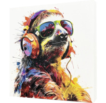 Leinwandbild mit einem Faultier mit Kopfhörern und Sonnenbrille
