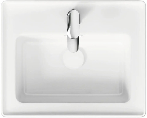 Aufsicht auf ein weisses Waschbecken mit Armatur