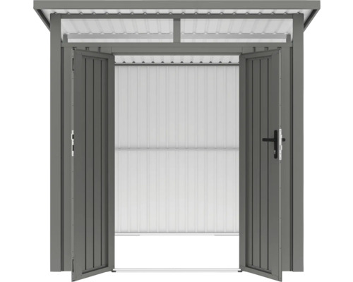 Abri de jardin métallique avec double porte ouverte