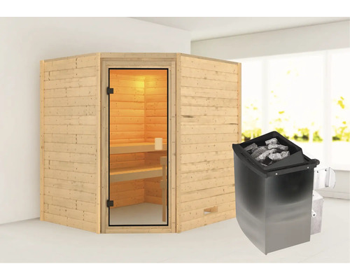 Sauna en madriers Karibu Elea avec poêle 9 kW et commande intégrée, sans couronne avec porte entièrement vitrée couleur bronze