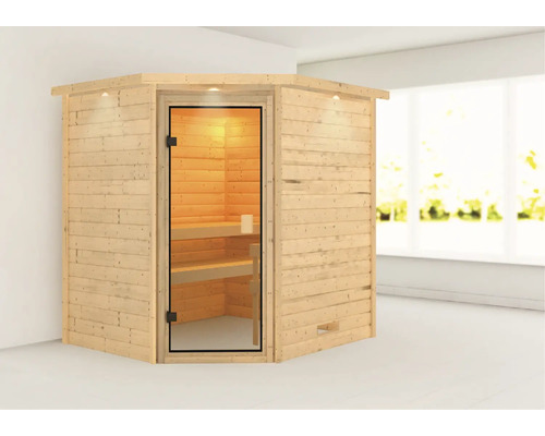 Sauna en bois massif Karibu Elea sans poêle avec couronne et porte entièrement vitrée couleur bronze