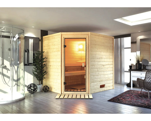 Sauna en bois massif Karibu Elea sans poêle ni couronne avec porte entièrement vitrée couleur bronze