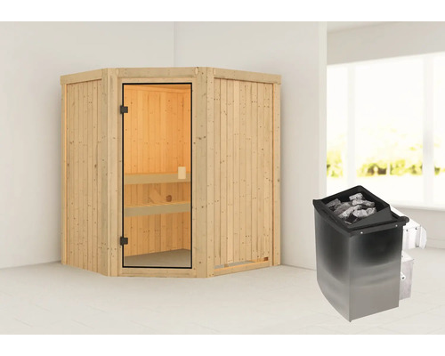 Elementsauna Woodfeeling Faurin inkl.9 kW Ofen u.intergr.Steuerung ohne Dachkranz mit bronzierter Ganzglastüre