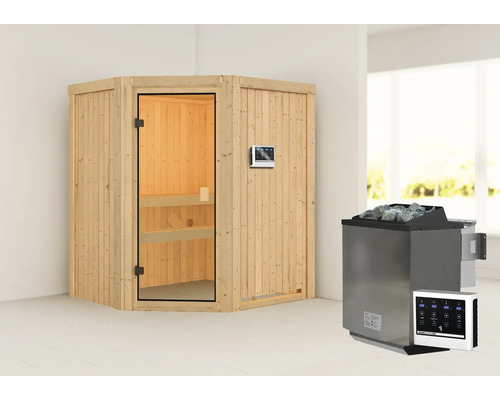 Sauna modulaire Karibu Faurin avec poêl bioe 9 kW avec commande ext. sans couronne avec porte entièrement vitrée couleur bronze