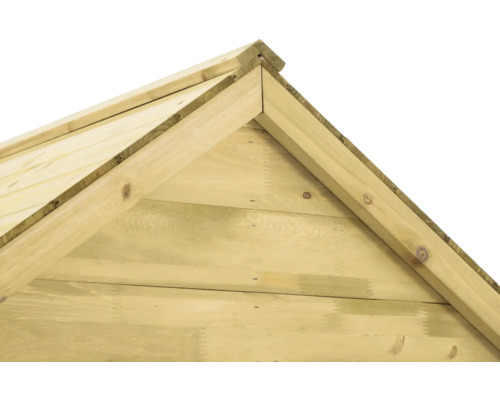 Detailansicht des Daches eines Gartenhauses aus Holz