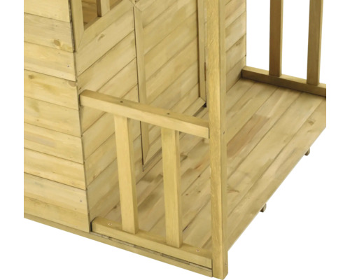 Detailansicht eines Holzspielhauses mit Terrasse und Geländer