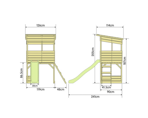 Schéma technique d''une tour de jeu avec toboggan et dimensions