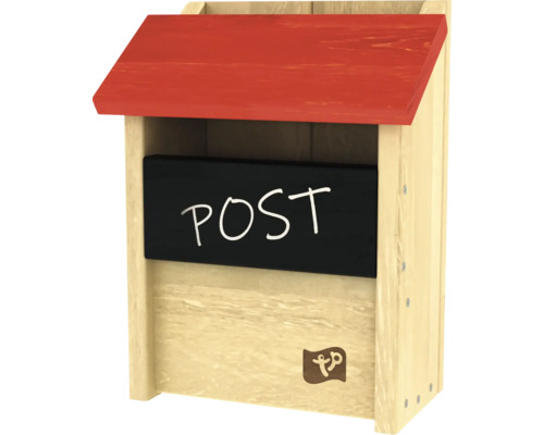 Boîte aux lettres en bois avec tableau noir et toit rouge