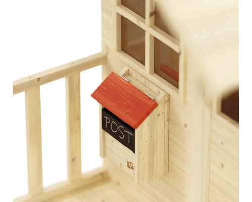 Vue détaillée d''une cabane de jeu en bois avec boîte aux lettres