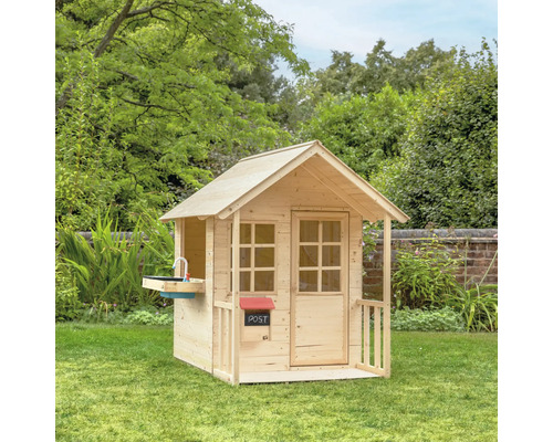 Maisonnette en bois avec boîte aux lettres et cuisine de jeu dans le jardin