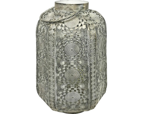 Lanterne décorative en métal avec motif perforé et poignée de transport