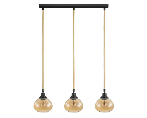 Hängelampe mit drei Leuchten, Seilaufhängung und Glasschirmen