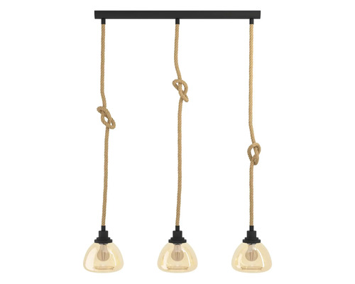 Hängelampe mit drei Leuchten, Seilaufhängung und Glasschirmen