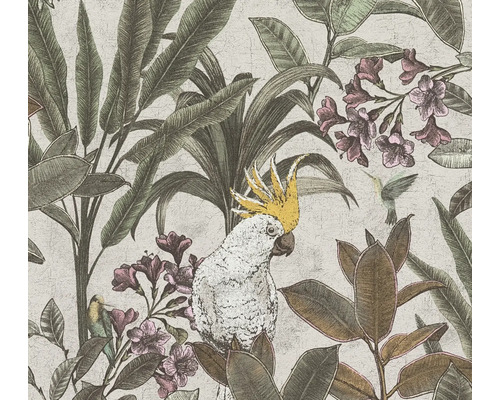 Papier peint avec motif de plantes, d''oiseaux et de fleurs