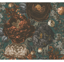 Vue détaillée d''un papier peint floral avec des fleurs et des feuilles luxuriantes de différentes tailles et formes.