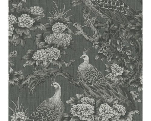 Papier peint intissé 39982-1 paon gris Papier peint avec motif de paons et de fleurs