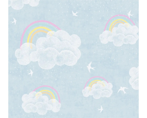 Vliestapete 77144-1 Kinder Regenbogen blau Tapete mit Wolken, Regenbögen und Vogelmotiven