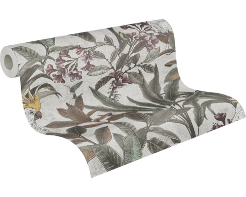 Rouleau de papier peint avec motif de feuilles, de fleurs et d''oiseaux