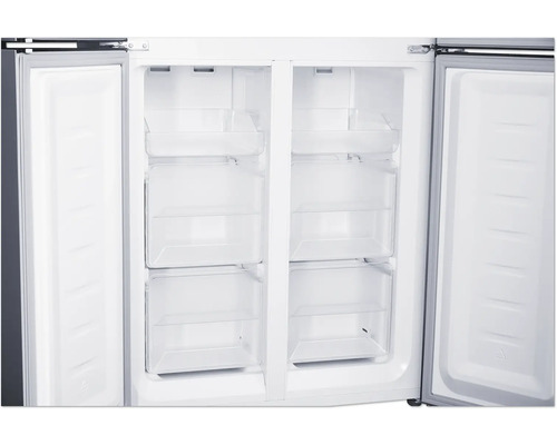 Vue intérieure d''un réfrigérateur avec portes ouvertes et tiroirs transparents