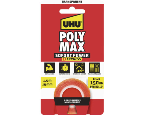 Uhu Poly Max Express doppelseitiges Montageband, 1,5 Meter mal 19 Millimeter