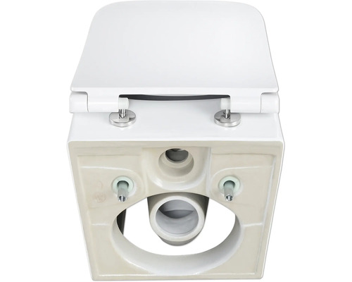 Detailansicht einer weißen Toilette mit Toilettendeckel von unten