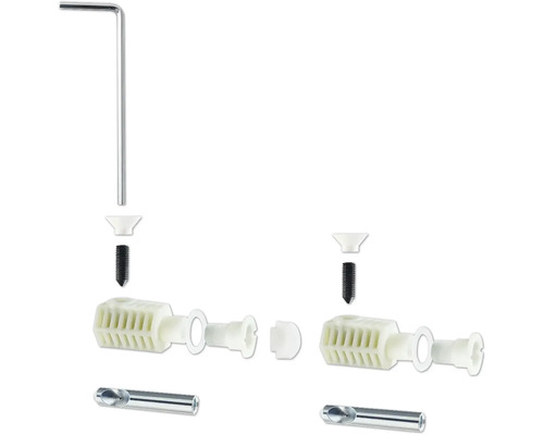 Vue éclatée d''un kit de fixation avec cheville, vis, joint d''étanchéité, foret et clé Allen
