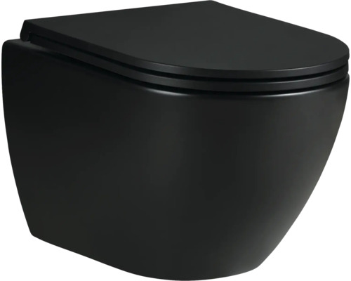 Ensemble WC suspendu form&style SAMAR chasse d'eau basse position sans rebord noir mat avec siège WC et technologie Turbo-Flush