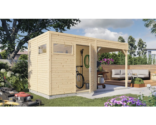 Abri de jardin Bertilo Cubo 2 avec extension de toit et plancher 449 x 240 cm naturel