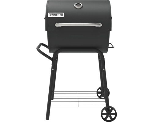 Logo Tenneker sur barbecue à charbon avec étagère et roues